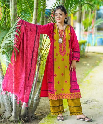 ✨ ঈদ স্পেশাল ১০০% সুতি আরং কটন থ্রি পিস 🧵 এমব্রয়ডারি ও স্কিন প্রিন্ট কাজ (100% Cotton Three Piece )